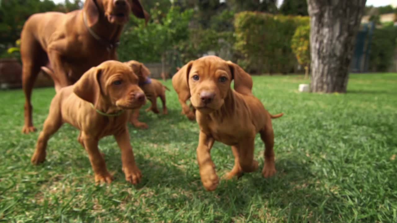 una manada de jóvenes vizsla corren y se divierten todos juntos en un campo verde - 01