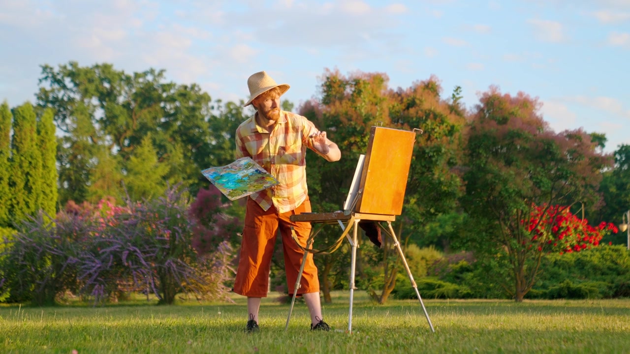Male Artist Painting on an Easel in a Beautiful Outdoor Park