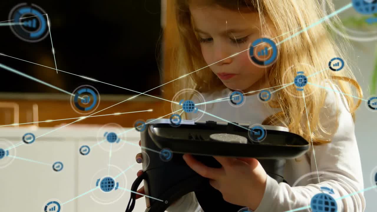Animation of network of connections with icons over girl wearing vr headset