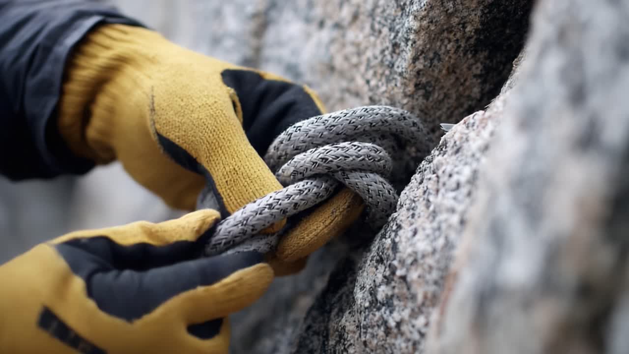 A climber skillfully securing a climbing rope into a rock crevice, demonstrating essential knot-tying techniques for ensuring safety and stability during climbing adventures in rugged terrains