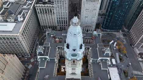 top down tilt reveals city hall in center city philadelphia, pa