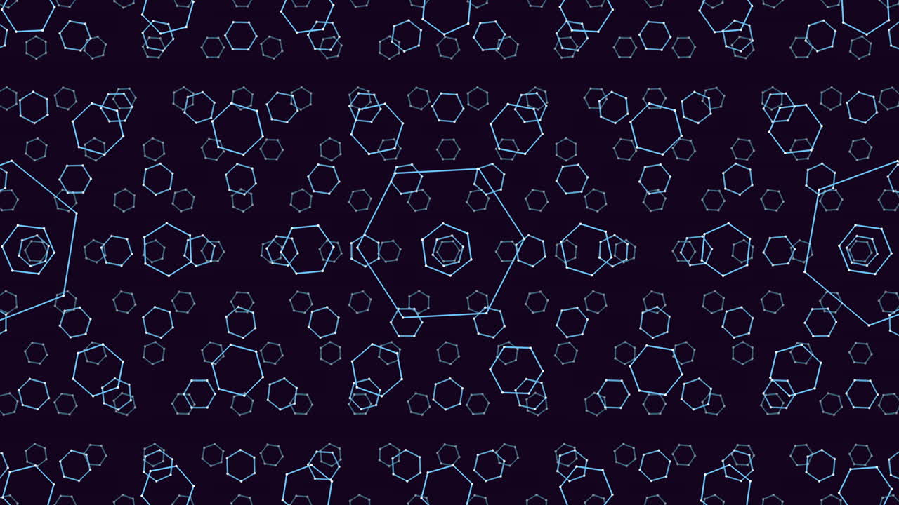 A striking blue geometric pattern with circles, squares, and triangles neatly arranged on a black background. Shapes are interconnected by delicate lines, forming a visually captivating design