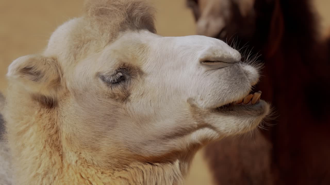 Camel close-up portrait. Camel is an even-toed ungulate in the genus Camelus that bears distinctive fatty deposits known as humps on its back