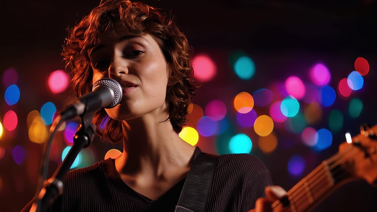 Young Woman Singing and Playing Guitar on Stage with Colorful Bokeh Lights