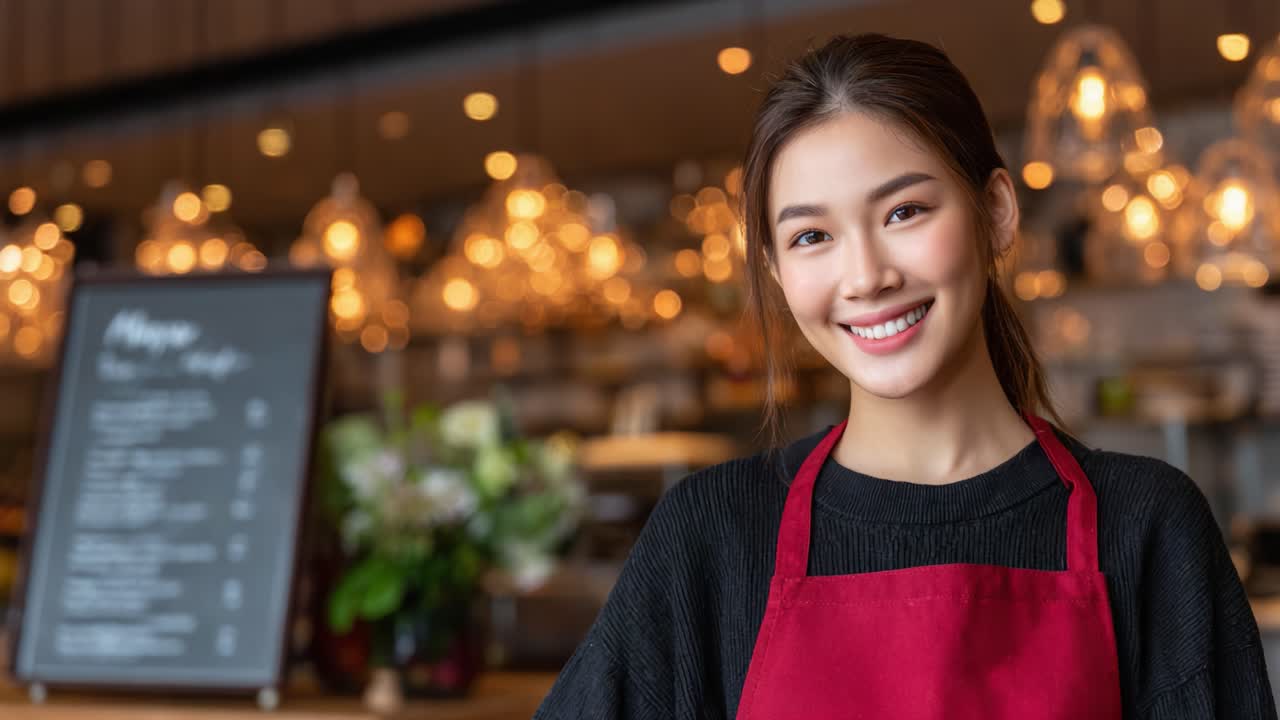 A Smiling Barista and Transition: Capturing the Journey of a Young Woman in a Caf? Through Two Frames, Highlighting Her Expressions and the Ambiance of the Coffee Shop