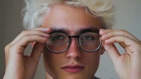 close-up of a young man wearing round glasses