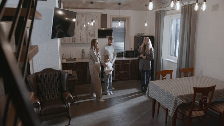 Real estate agent showing house to family