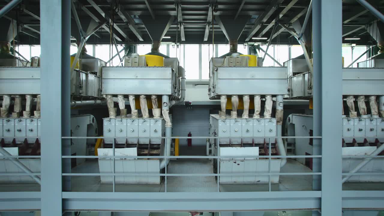 Separators in a large industrial plant. Crushing sunflower seeds, and separating the husks from the kernels