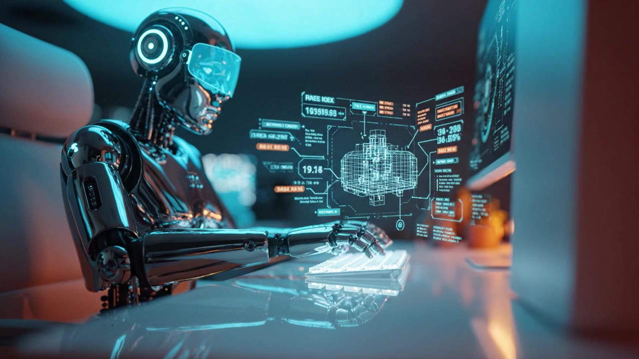 Futuristic Robot Working at Computer with Advanced Interface, Analyzing Data and Displaying High-Tech Visuals in a Modern Workspace Environment