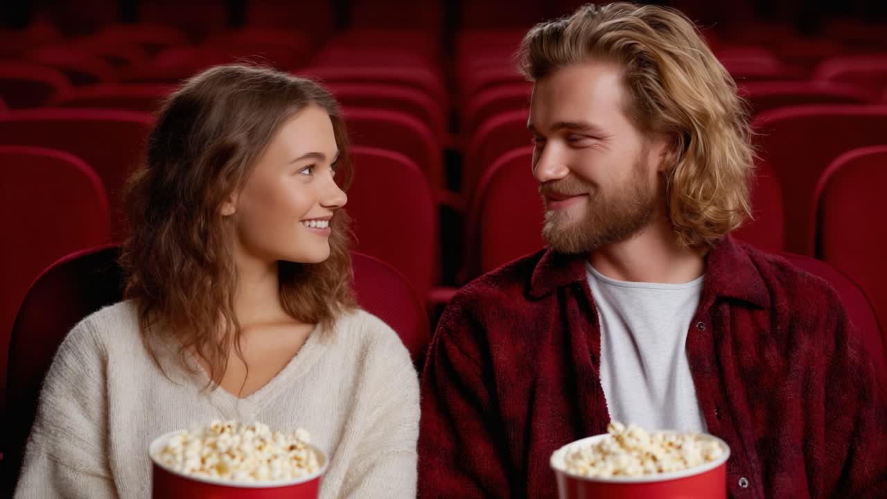 A Joyful Evening at the Cinema: A Couple Enjoying Each Other's Company with Popcorn in Hand, Captured in Two Moments of Shared Happiness