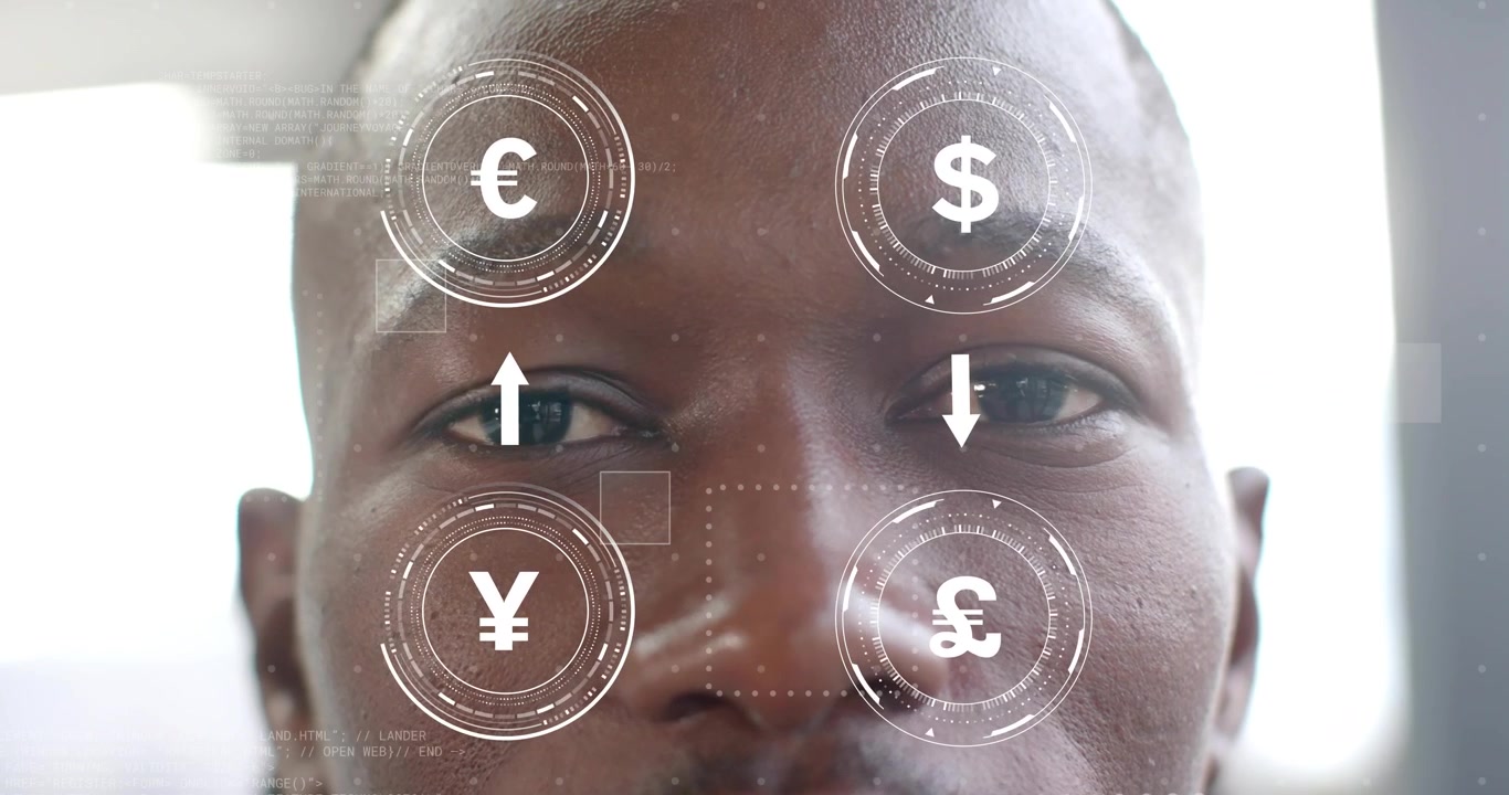 Homme ouvrant les yeux après l'activation d'un hologramme en finance, affichant des taux de conversion de devises animés.
