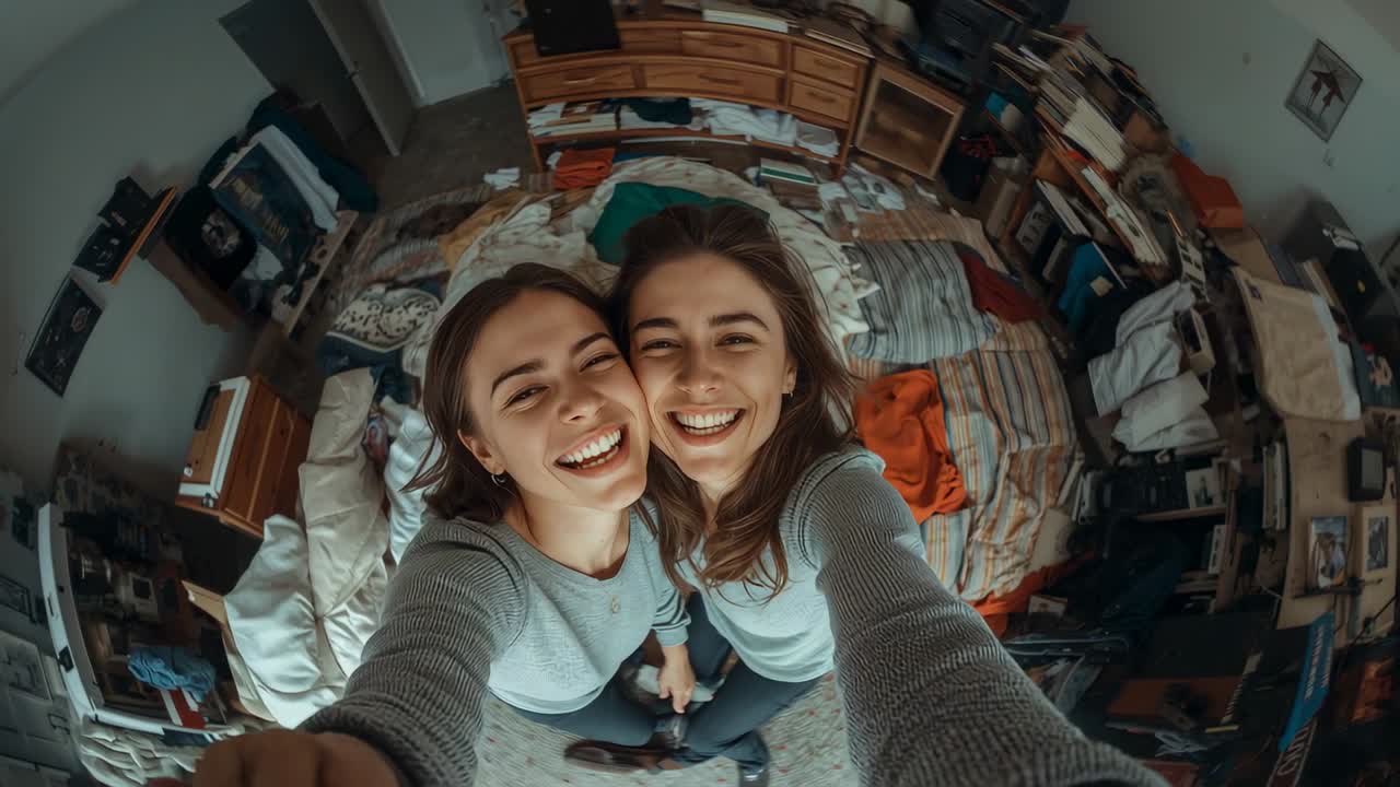 Premendo l'otturatore, due donne che tengono in alto il telefono, ridendo, mentre scattano un selfie in camera da letto con le maniche lunghe