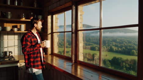 man enjoying morning coffee with mountain view from rustic kitchen