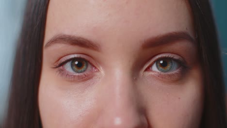 closeup macro portrait of beauty young beautiful womans eyes smiling model looking at camera