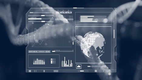 data analytics and global network animation over dna strand background