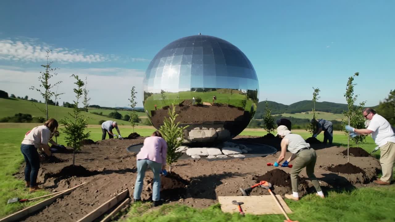 Reagendo all'arrivo di una sfera, la squadra scava e pianta alberi, formando un anello attorno a uno specchio su un prato.
