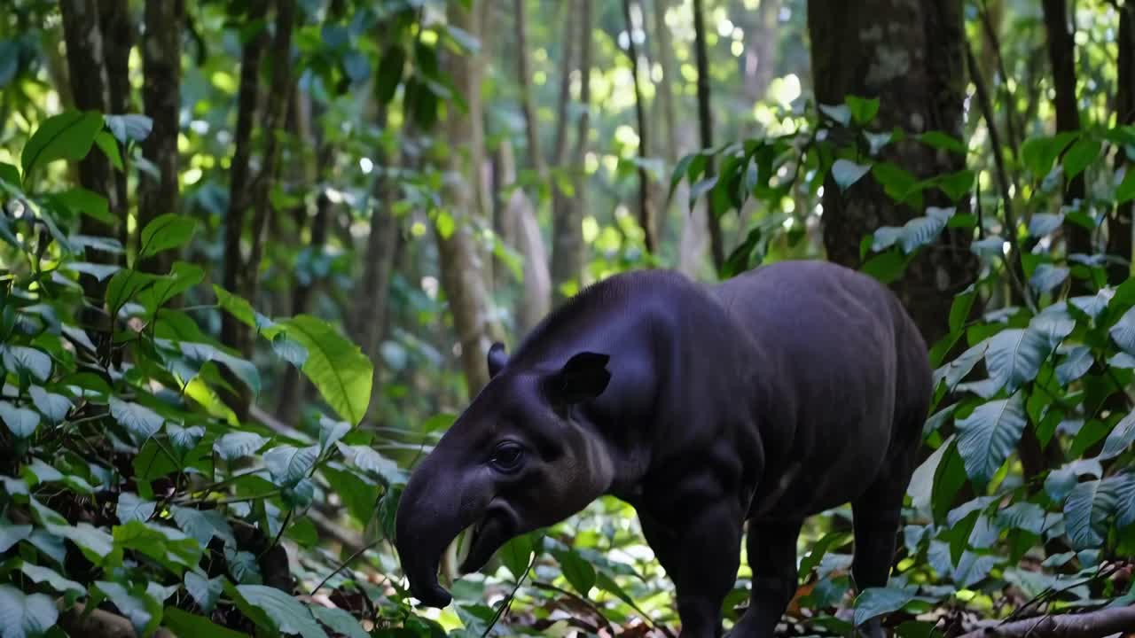 Alakulmasta kuvattu video tapiirista rehevässä metsässä, mikä korostaa sen luonnollista elinympäristöä ja käyttäytymistä