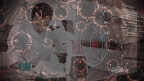 animación del virus de la corona con un científico en el fondo