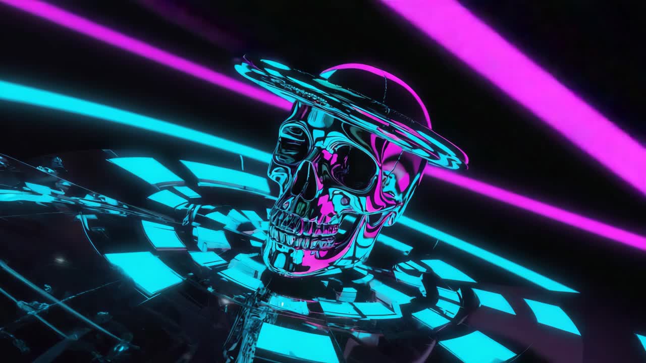 Skull with hat in neon geometric environment