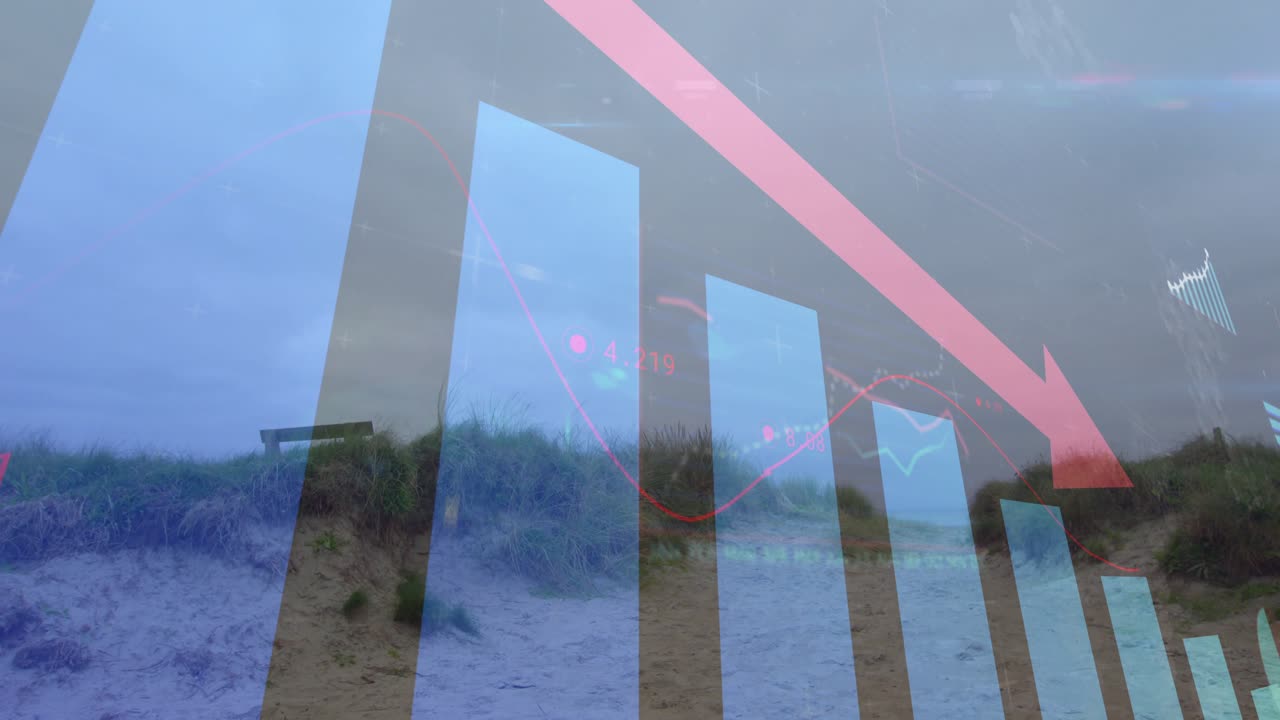 After dashboard appearing over dunes, finance bars pulsing and red arrow descending showing decline