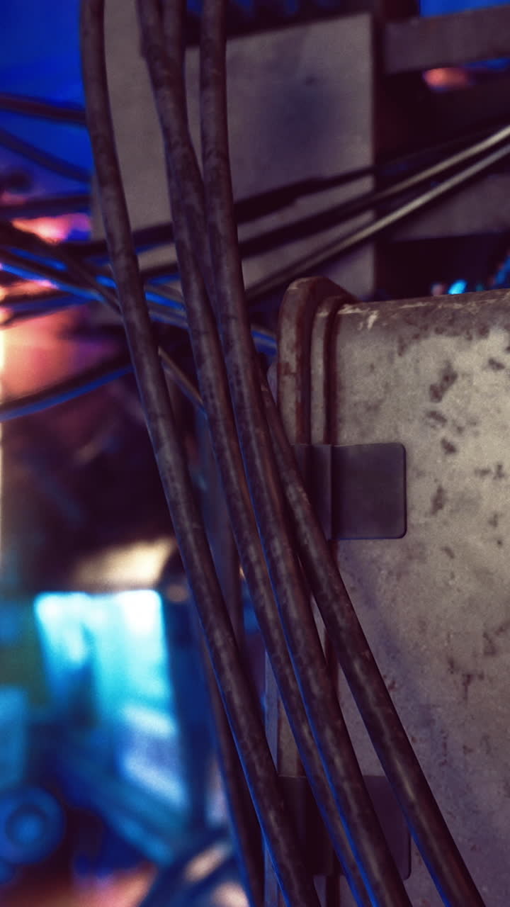 Closeup of tangled wires in vibrant underground industrial setting