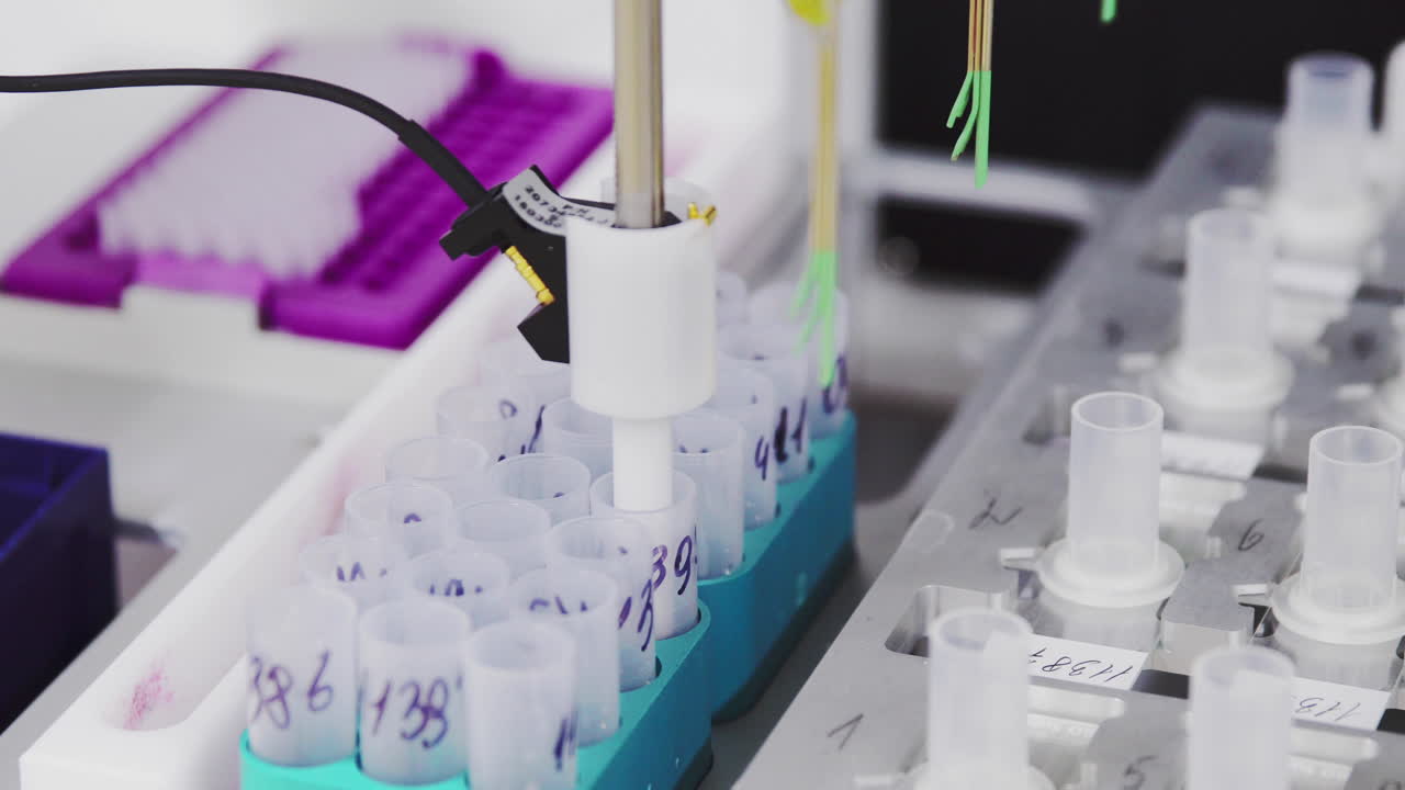 en el centro médico en el laboratorio, el robot realiza automáticamente el análisis para determinar las células cancerosas en las muestras de los pacientes