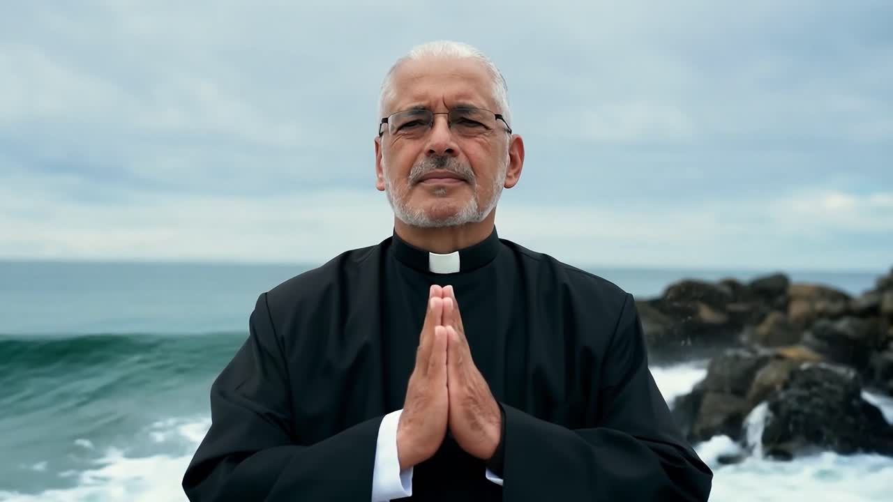 un sacerdote orando en la playa