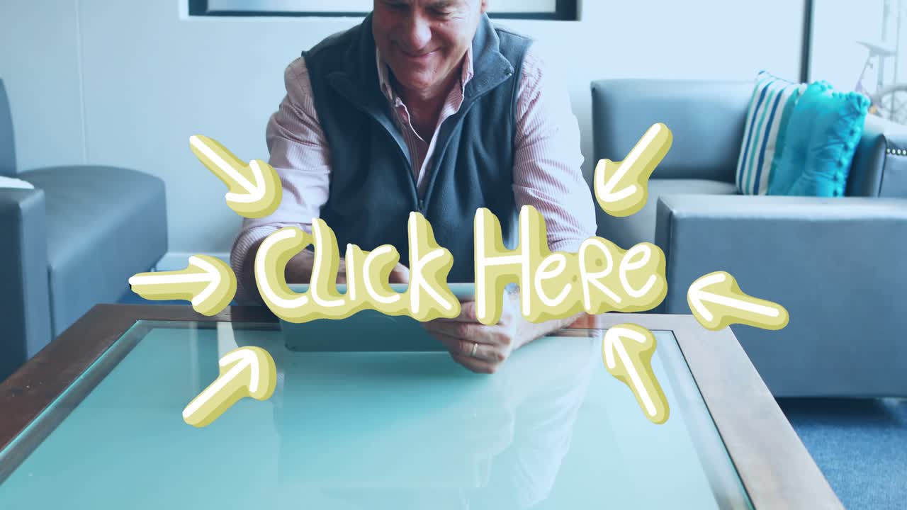 Senior man holding smartphone seeing Click Here graphic moving to tablet tapping technology arrows