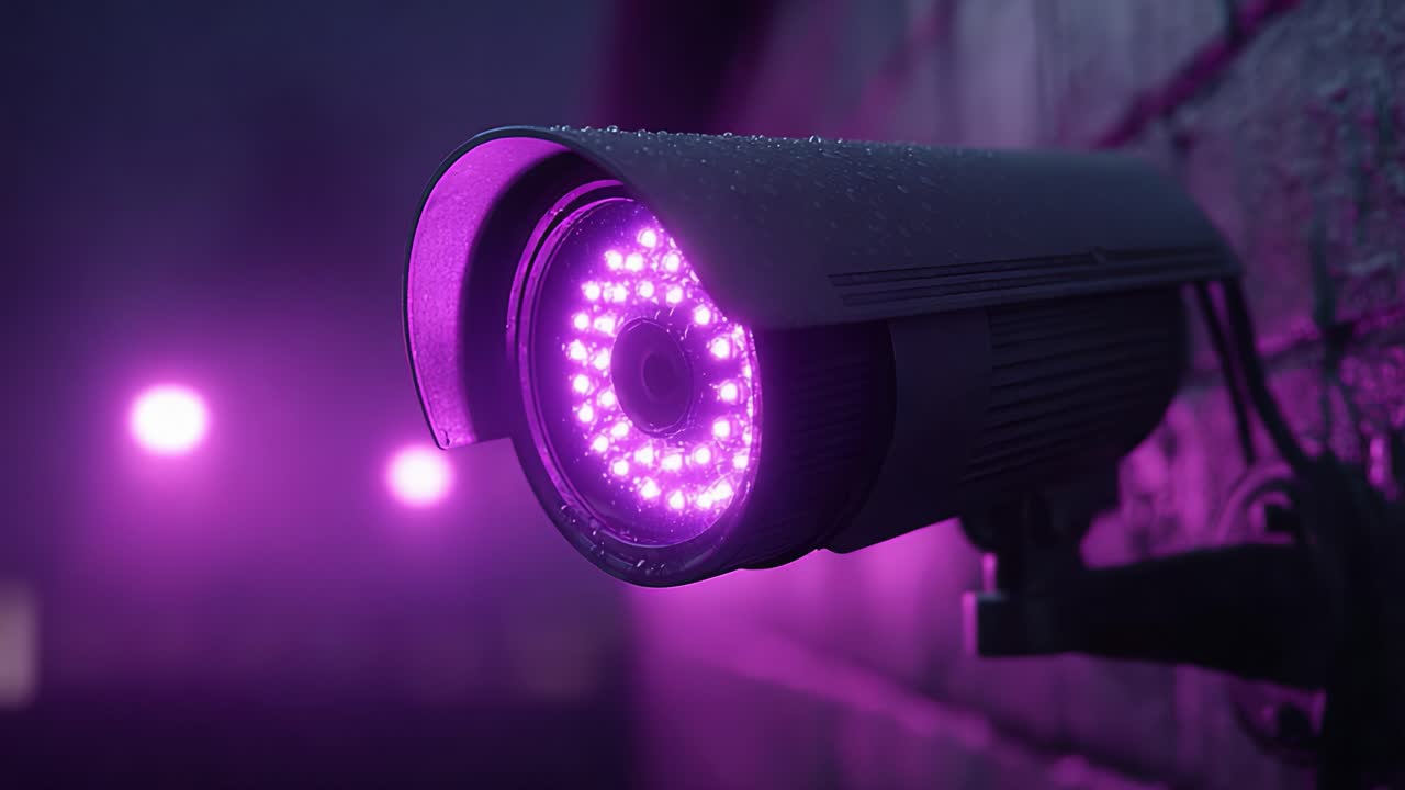 A close-up of a modern surveillance camera with a shining purple light, capturing attention against a moody, rain-soaked background that enhances its futuristic design