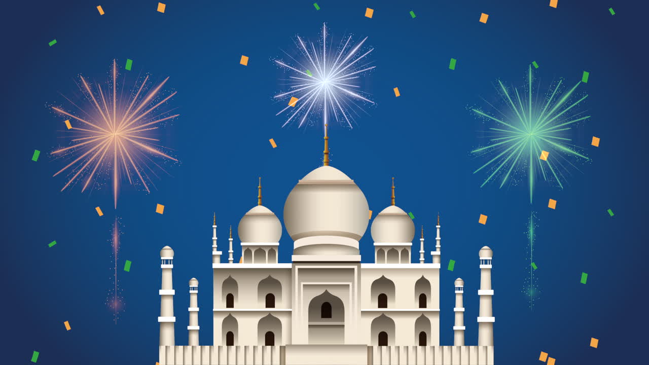 타지 마할과 불꽃놀이로 인도 독립기념일