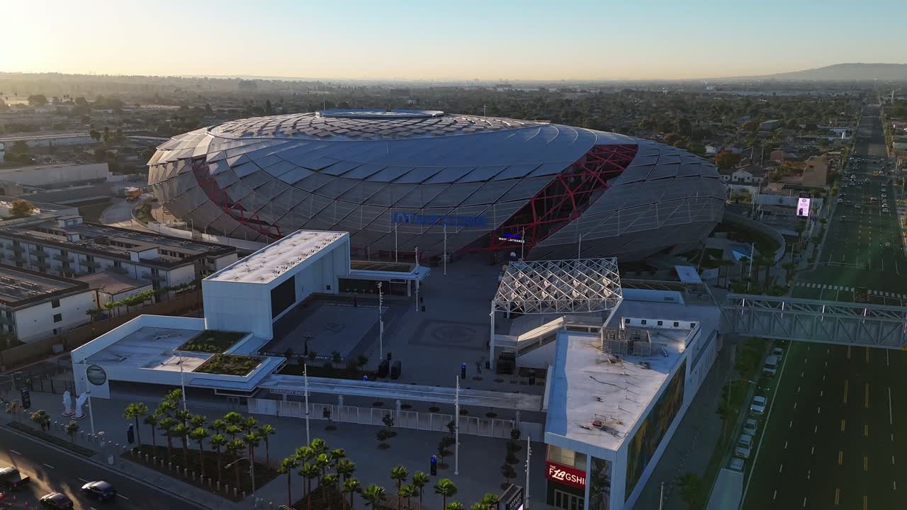 Intuit Dome Arena aerial shot during sunrise