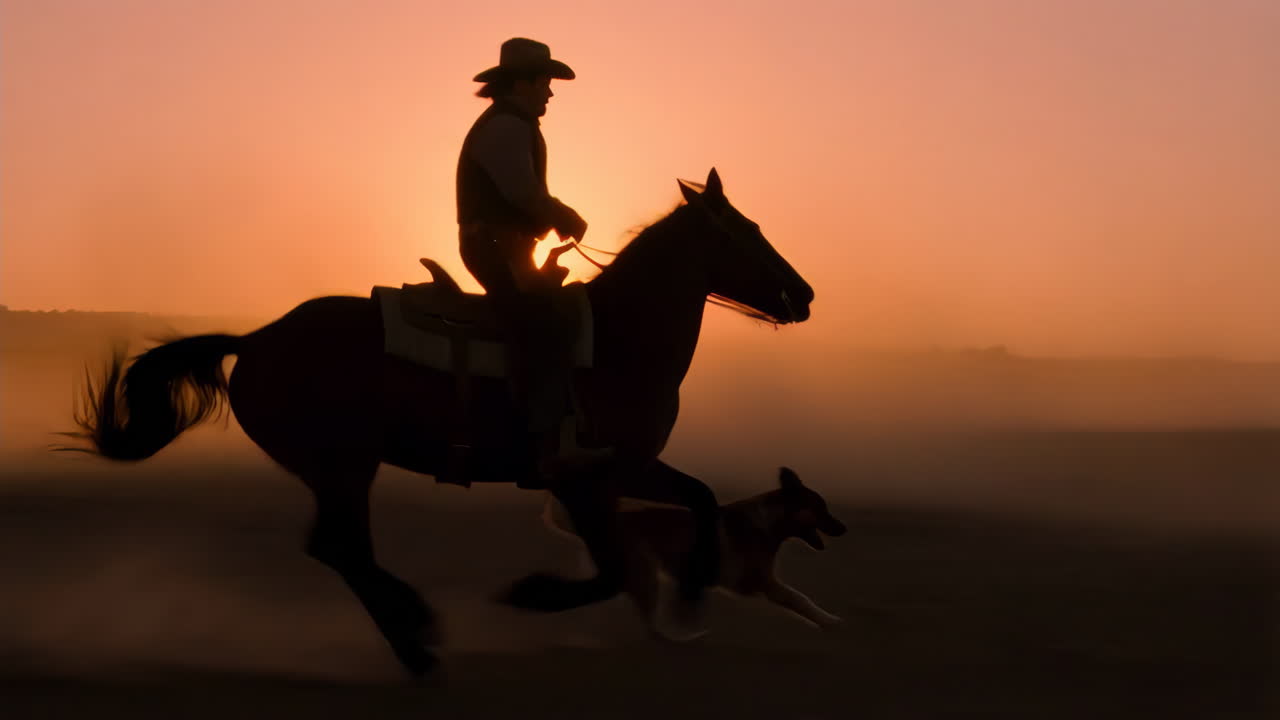 Cowboy, Horse, and Dog Silhouetted at Sunset