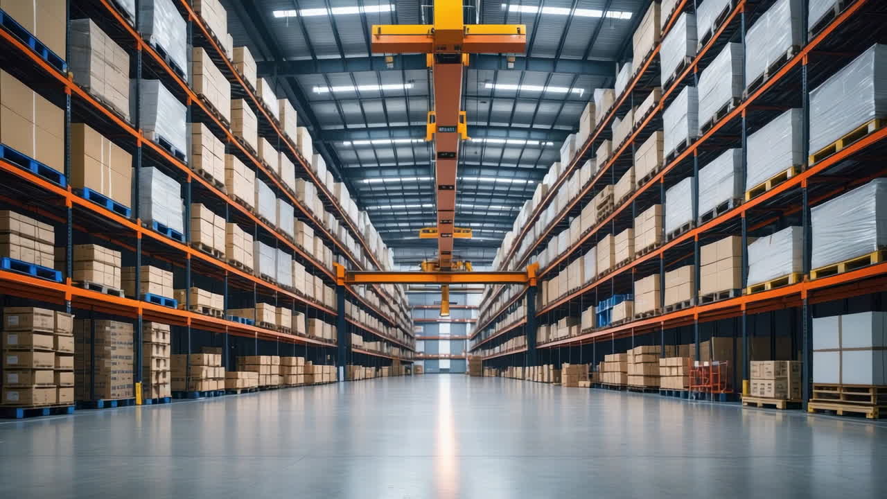 A vast industrial warehouse with rows of shelves stocked with boxes and an overhead crane