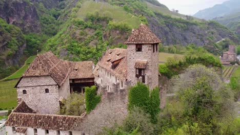medieval stone castle with tower overlooking vineyard and mountain river, location historical tourist attraction