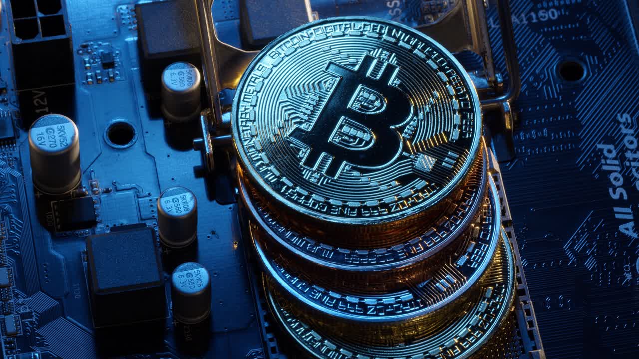 bitcoin btc monedas en el socket del procesador central de la cpu en la placa base del pc digital, minería de criptomoneda