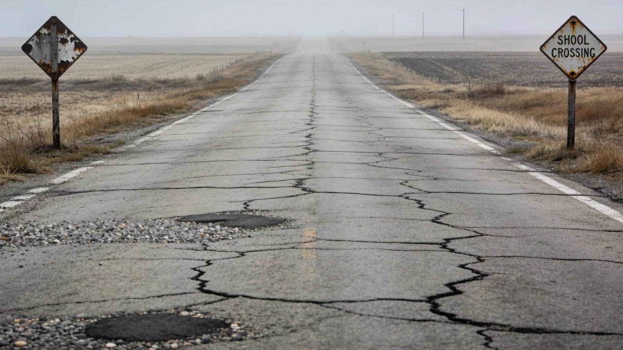 Inquadratura iniziale che mostra una strada a due corsie crepata che si estende nella nebbia con buche, segnale di ATTRAVERSAMENTO SCOLASTICO