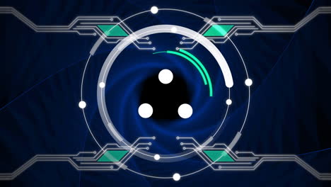 Animation-of-scope-and-data-processing-over-circuit-board-on-dark-background