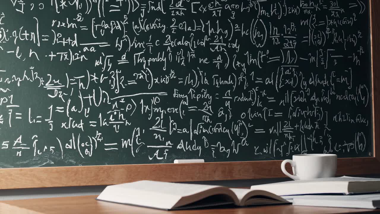 Video still of a chalkboard filled with complex equations, shot from a low angle