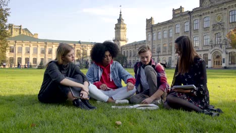 students sitting on the grass  at the university or college campus