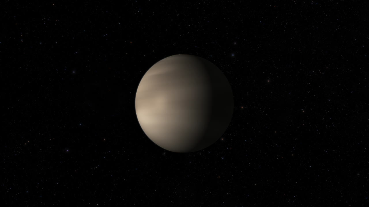 composite cgi: planeta venus girando, toma de centro a ancho, medio iluminado con un fondo estrellado