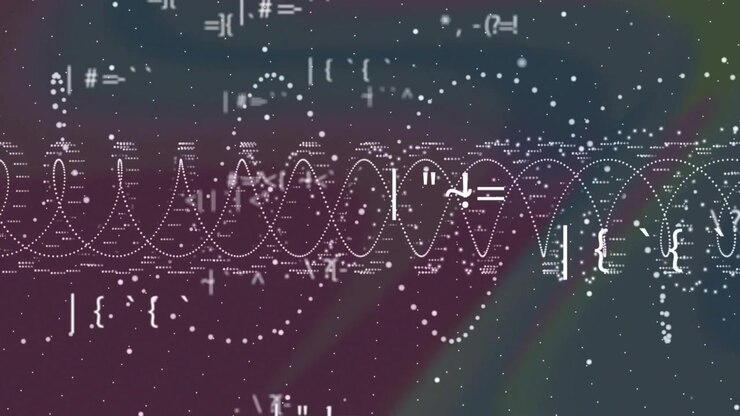 Materializing sine wave across gradient background and drifting symbols pulsing showing signal flow