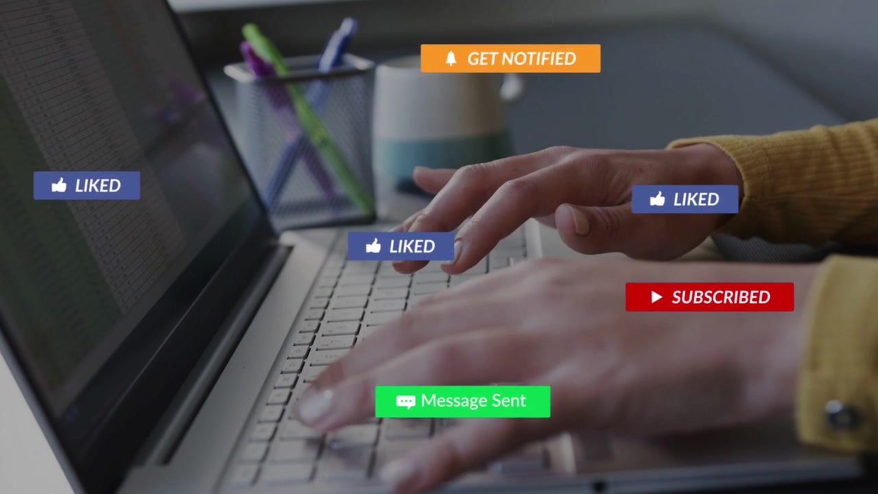 Woman typing on laptop, sending badges over keys and fingertips, peaking, fading, promoting posts