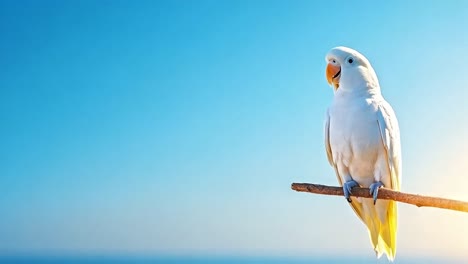 white parrot perched on a branch against a blue sky
