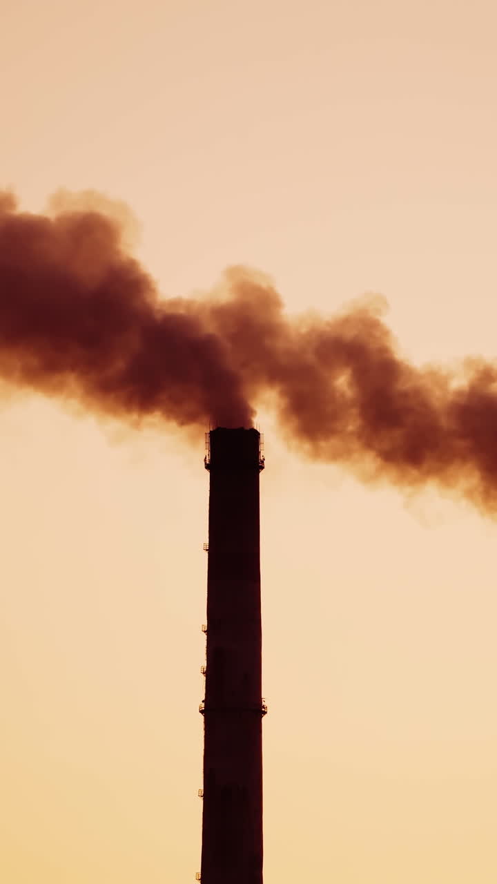 Dirty emissions are going into the air from pipes. Chemical smoke pollute the atmosphere of the evening sky. Close-up. Vertical video