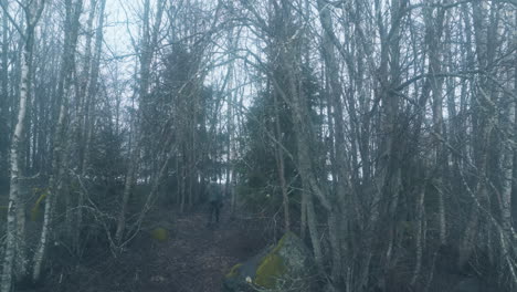 man walking into scary misty forest, dolly shot