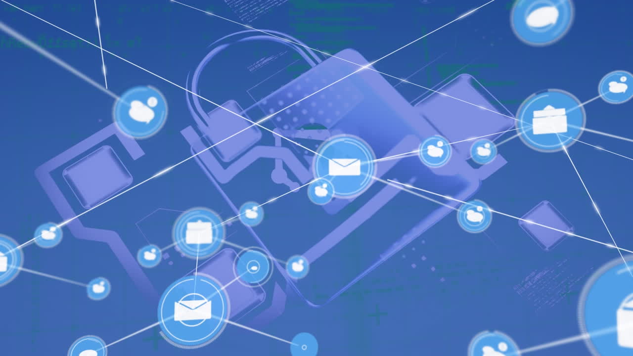 보안 잠금 아이콘과 데이터 처리에 대한 디지털 아이콘 네트워크의 애니메이션