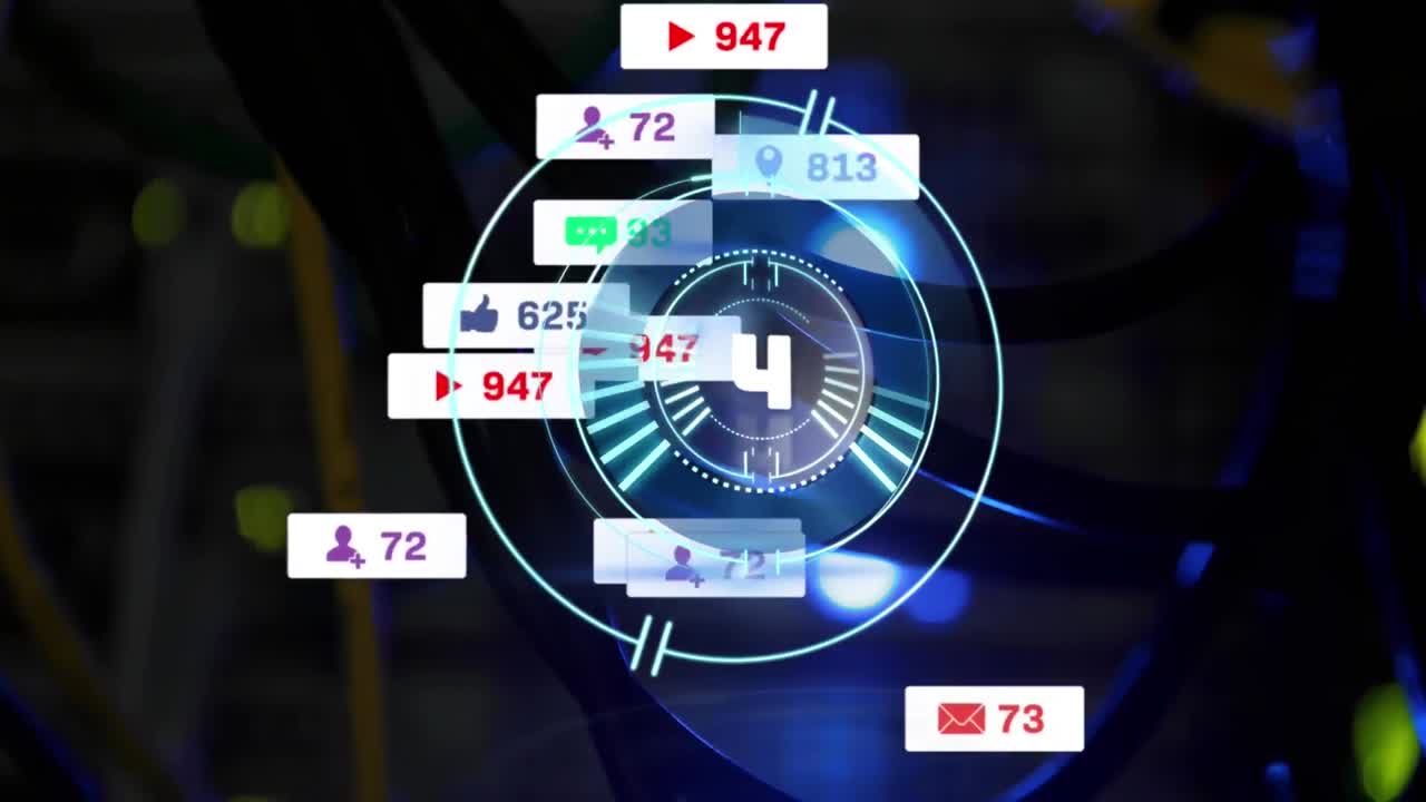 컴퓨터 서버의 클로즈업에 대한 라운드 스캐너와 소셜 미디어 아이콘의 카운트다운 애니메이션