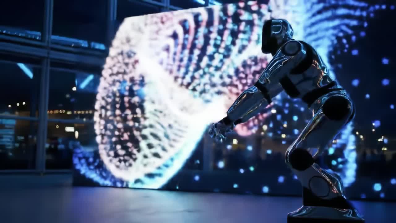 A humanoid robot interacts with a vibrant light display, captivating an audience with its movements and precision.