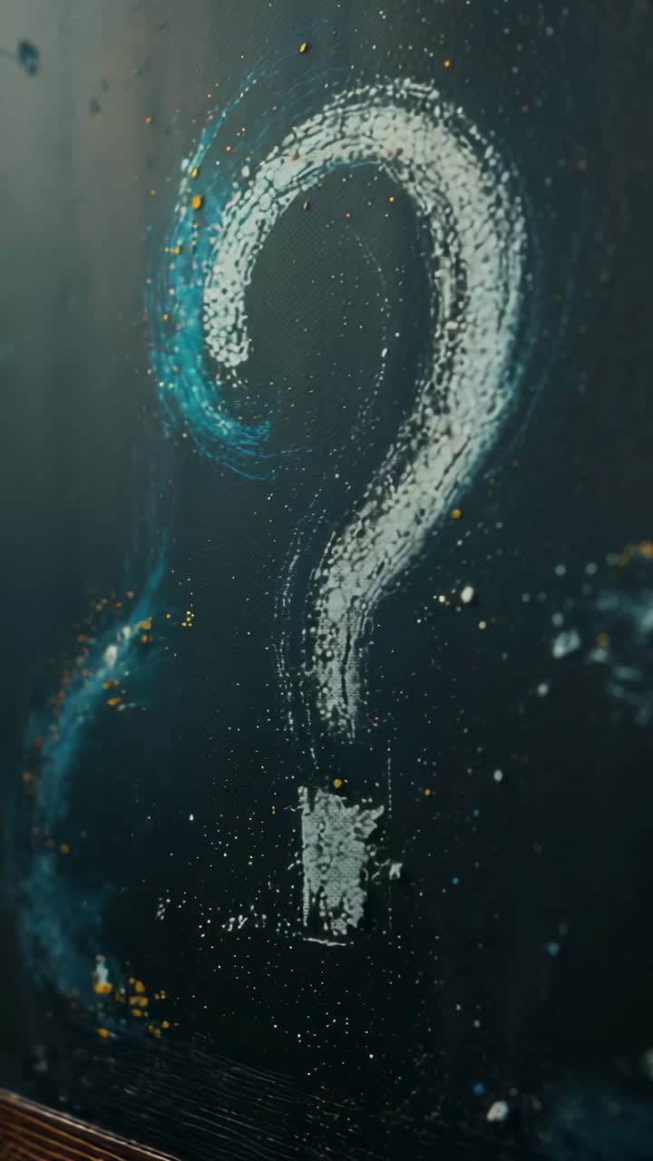 Vertical video: Shifting camera revealing chalk question mark on art panel, highlighting blue swirl