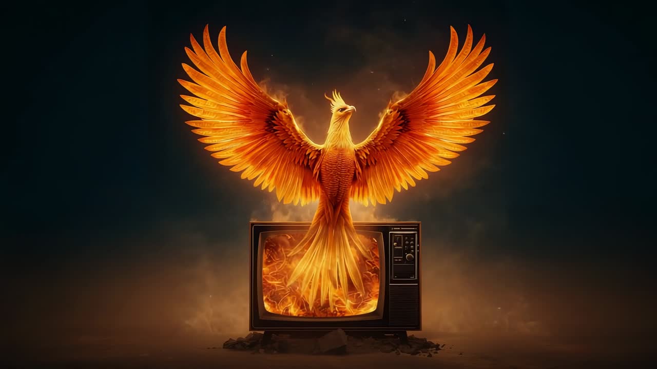 Rising fiery phoenix emerging as flames intensifying inside CRT TV in dark haze, with orange embers
